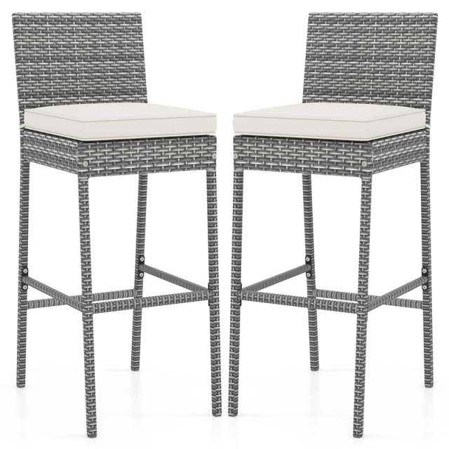 Wicker Outdoor Bar Stools Set of 2, Heavy-Duty Metal Frame Bar Height Patio Chairs with Soft Seat Cushions & Footrests