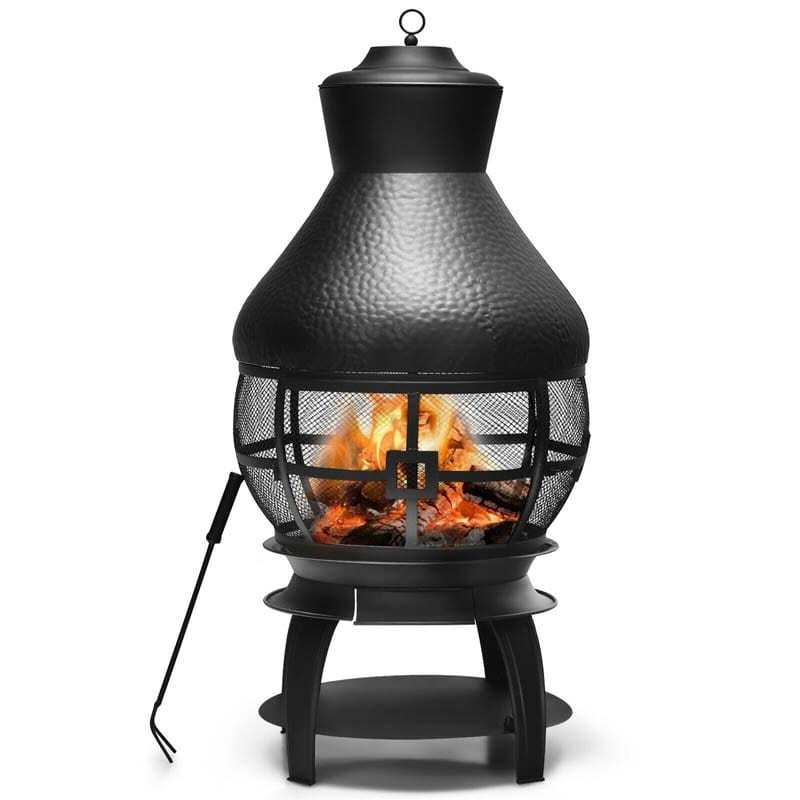 Wood Burning Chiminea, Cast Iron Outdoor Fireplace Fire Pit with 2-Piece Log Grate, 360° Fire Retardant Mesh Cover, Rain Cap & Poker for Garden Patio