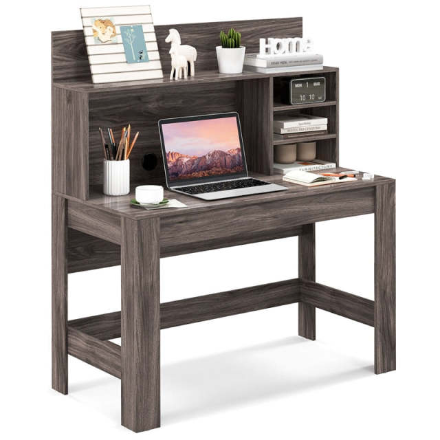 48" Computer Desk with Hutch & Anti-Tip Kits, Wood Home Office Desk with Cable Hole, Writing Study Desk PC Laptop Desk for Small Space, Bedroom