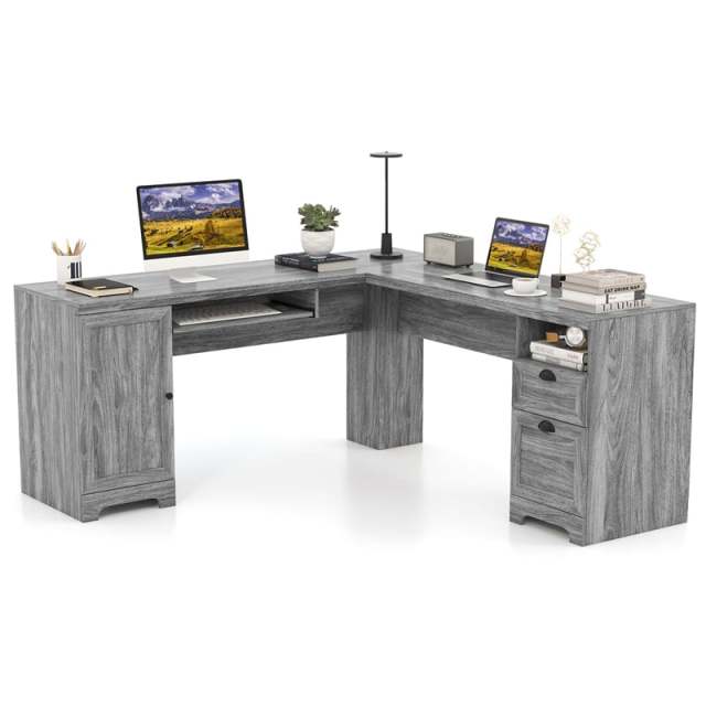 66" L-Shaped Office Desk, Modern Executive Corner Computer Desk with Power Outlets, Storage, Adjustable Shelf, Keyboard Tray for Working Writing