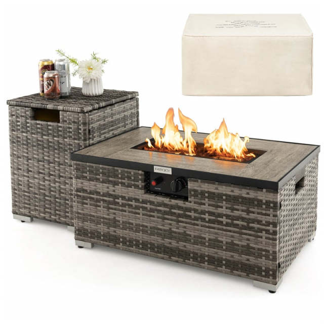 2-Piece Rattan Outdoor Fire Pit Table Set with Hideaway Tank Holder, Lava Rocks & Cover, 40,000BTU Wicker Propane Fire Table for Patio, Backyard