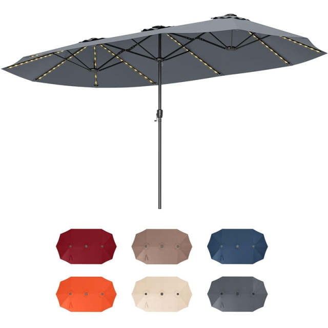 15.5FT Extra Large Patio Umbrella with 144 Solar LED Lights & Crank Handle, 12 Heavy-Duty Ribs Double-Sided Market Umbrella for Deck, Poolside