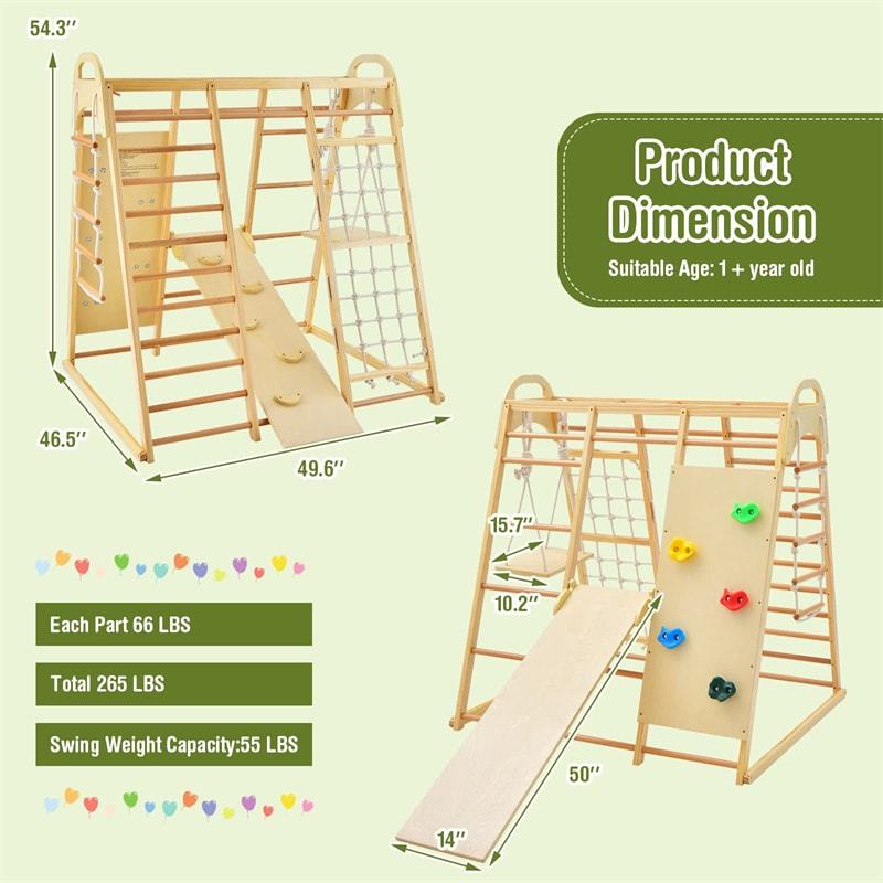8-in-1 Kids Indoor Jungle Gym, Wooden Montessori Playground Climbing Playset with Slide, Swing, Monkey Bars, Rope Ladder for Boys & Girls
