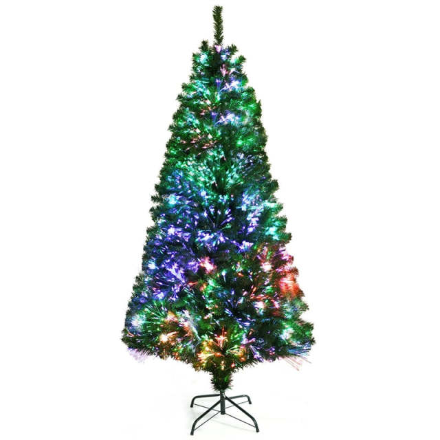 7FT Pre-Lit Fiber Optic Christmas Tree, Artificial Spruce Xmas Tree with 820 Branch Tips & Metal Stand, Green Full Tree for Indoor Holiday Decor