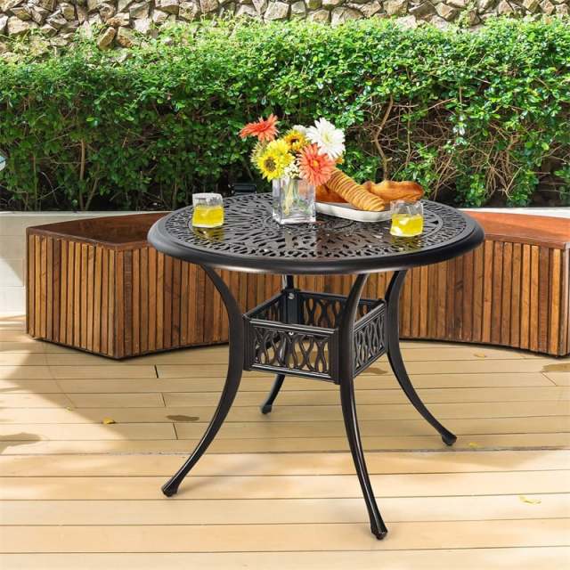 36" Cast Aluminum Bistro Table, Outdoor Round Dining Table with Umbrella Hole, Adjustable Footpads & Weather-Resistant for Backyard, Poolside, Garden