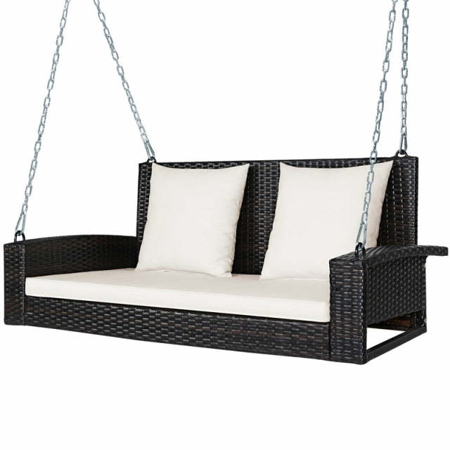 2-Person Wicker Patio Swing Bench with Removable Cushions & Reinforced Steel Chain, 800lbs Capacity Rattan Porch Swing for Backyard, Garden