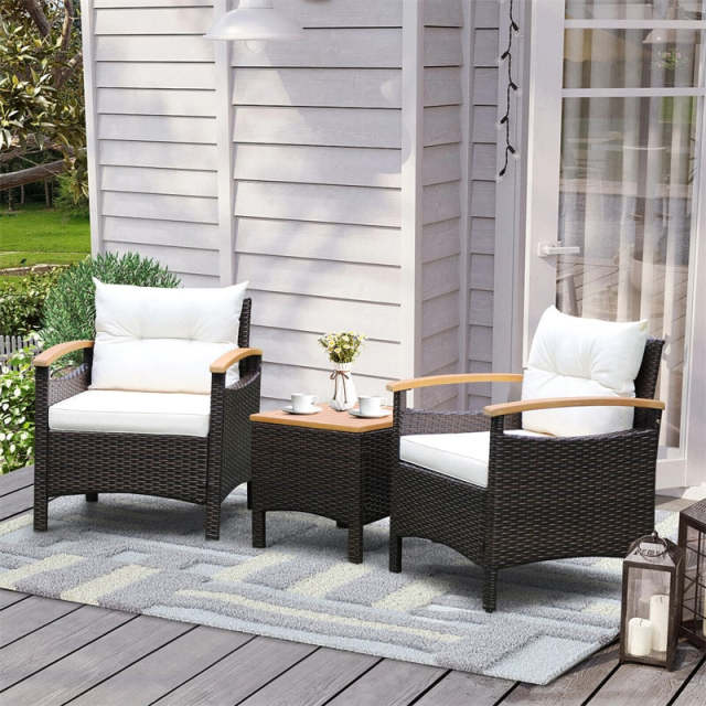 3PCS Patio Rattan Conversation Set Wicker Furniture Set with Cushioned Chairs, Acacia Wood Armrest & Table Top