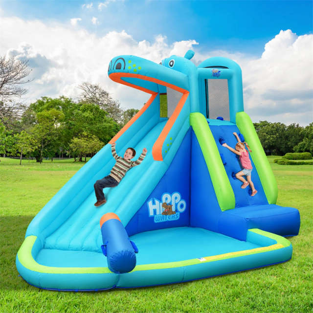 Hippo Theme Inflatable Water Slide, Indoor/Outdoor Blow Up Bounce House Water Park with Slide, Splash Pool & Carry Bag for Kids Backyard Party Gifts