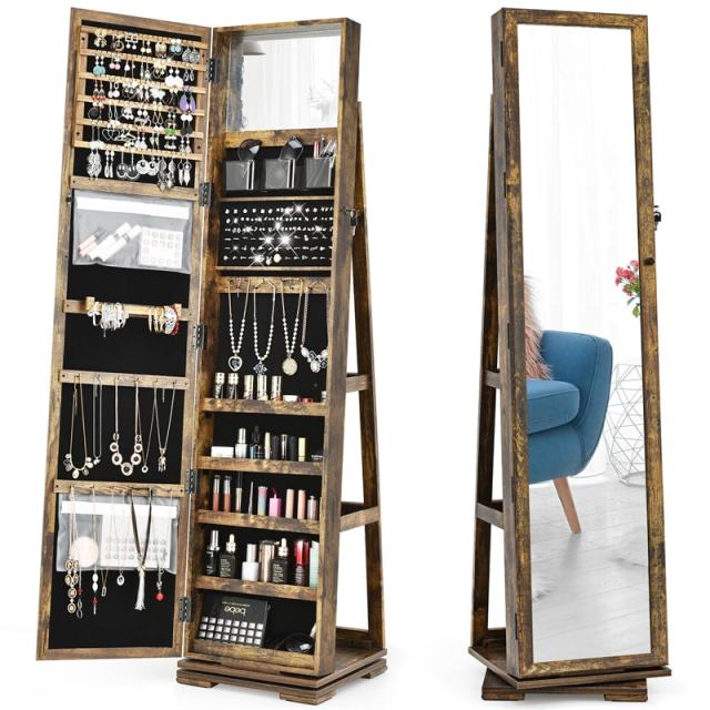 360° Swivel Jewelry Cabinet Armoire with Full Length Mirror & Rear Storage Shelves, Standing Lockable Jewelry Organizer Inside Makeup Mirror