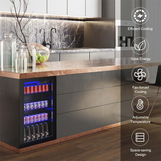 120-Can Mini Beverage Fridge, Freestanding Beverage Refrigerator w/2-Layer Glass Door & Removable Shelves, Beer/Wine/Soda Cooler for Home, Office, Bar