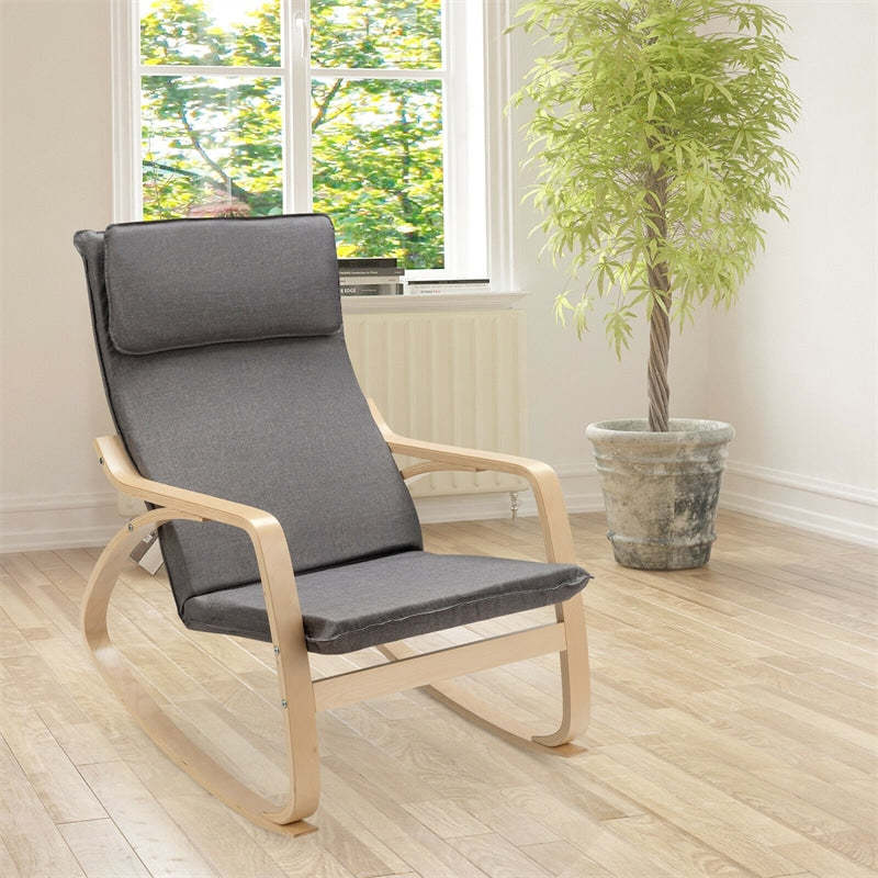 Modern Bentwood Rocking Chair with Removable Upholstered Cushion, Ergonomic Leisure Accent Rocker for Living Room, Bedroom & Nursery