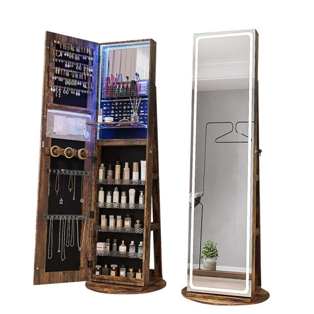 360° Swivel Jewelry Armoire with Full Length Mirror, Adjustable 3-Color LED Lights & Storage Rack, Lockable Standing Jewelry Cabinet Organizer