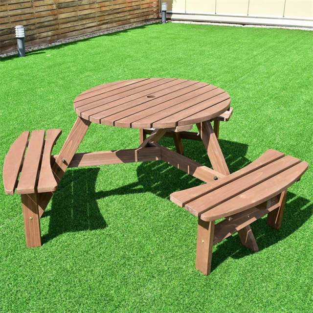 6 Person Wood Picnic Table, Outdoor Round Dining Table with 3 Built-in Benches & Umbrella Hole, 500lbs Capacity, Bench Patio Dining Set for Garden