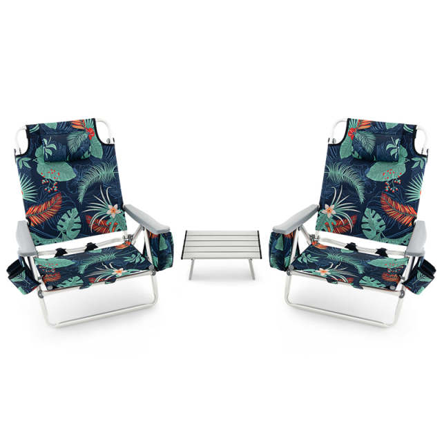 3PCS Folding Backpack Beach Chairs with Side Table, Cooler Bag, Cup Holder, 5-Position Reclining Beach Chairs for Camping Sunbathing