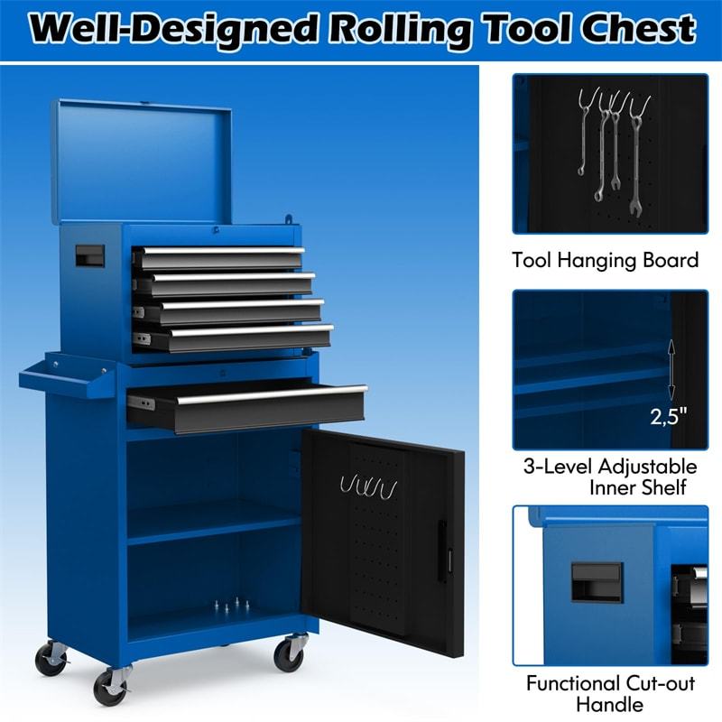 5-Drawer Rolling Tool Chest, Tool Storage Cabinet with Lockable Wheels, Detachable Top Tool Box & Adjustable Shelf for Garage, Workshop