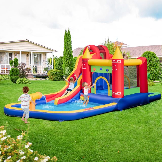 Inflatable Water Slide, Outdoor Water Park Bouncy House with Ring-tossing, Boxing