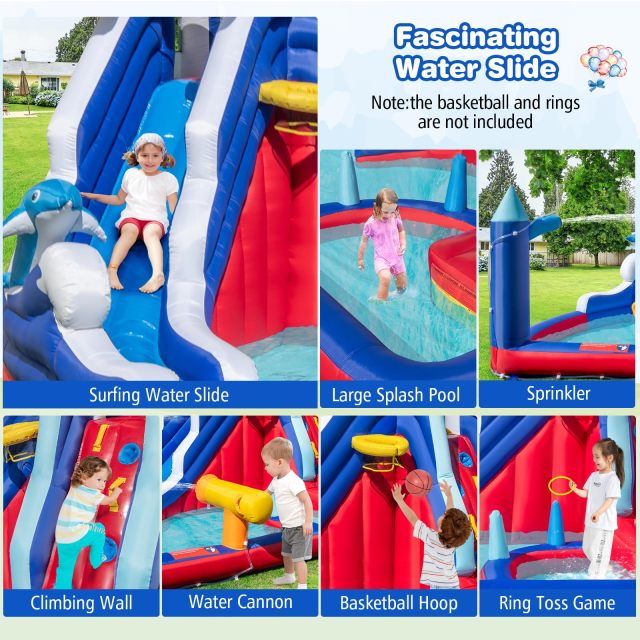 Inflatable Water Slide, Dolphin Theme Kids Bounce House Water Park w/Long Slide h6
