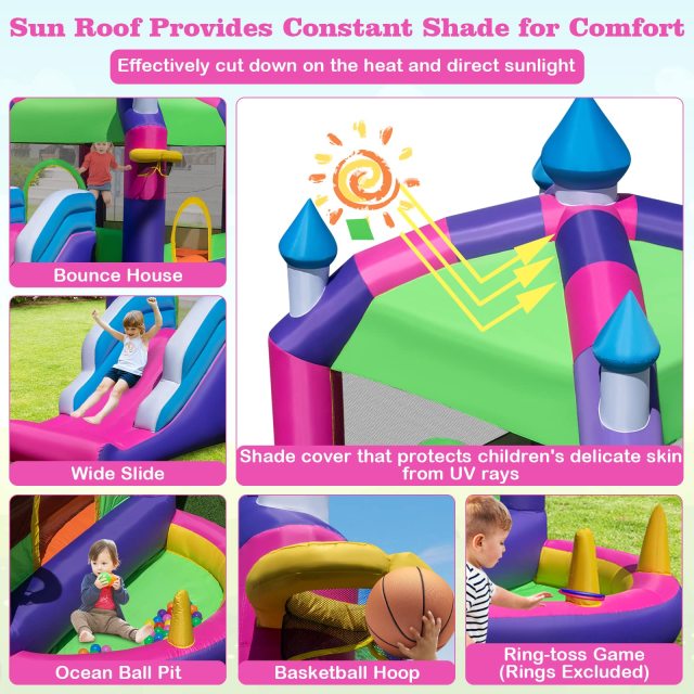 HONEY JOY Inflatable Bounce House, 5-in-1 Jumping Castle w/Sun Roof, Slide, Basketball Hoop