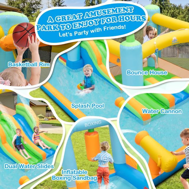 Inflatable Water Slide, Kids Jumping Castle Bounce House w/Dual Slides, Boxing Sandbag, Splash Pool