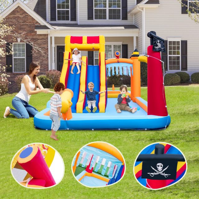 Inflatable Water Slide, 6-in-1 Water Park w/Dual Slides, Climbing Wall, Water Cannon