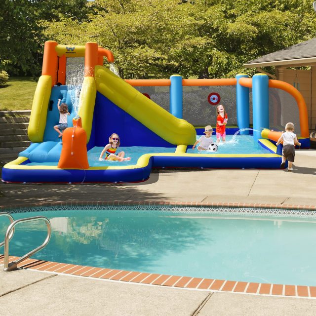 Inflatable Water Slide, 7-in-1 Long Slide Giant Water Park Wet Dry Combo with Water Soccer Splash Pool he2