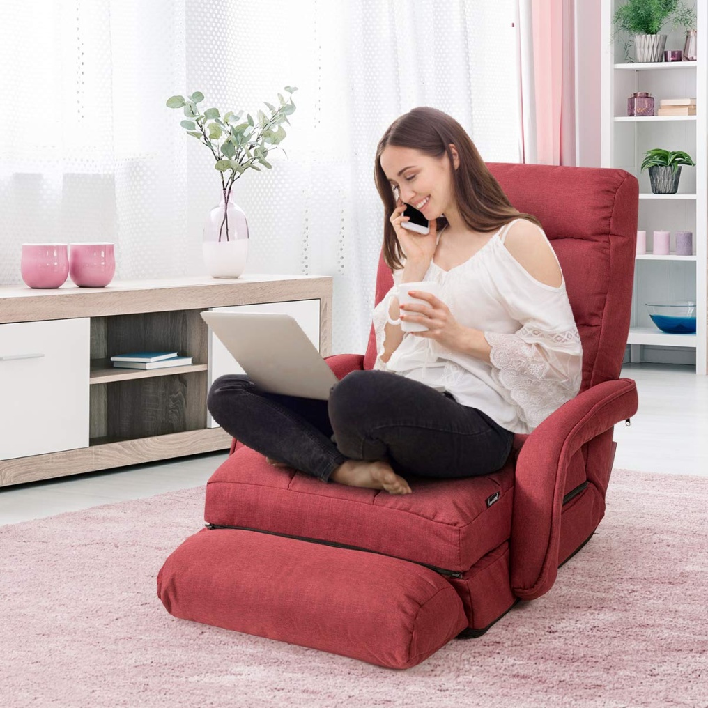 KOMFOTT Folding Floor Chair with 6-Position Adjustable Backrest, Armrests & Removable Pillow