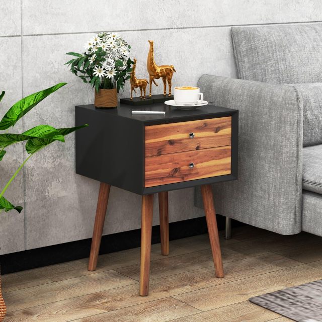 KOMFOTT 2-Drawer Nightstand, Mid-Century Modern Bed Side Table with Storage