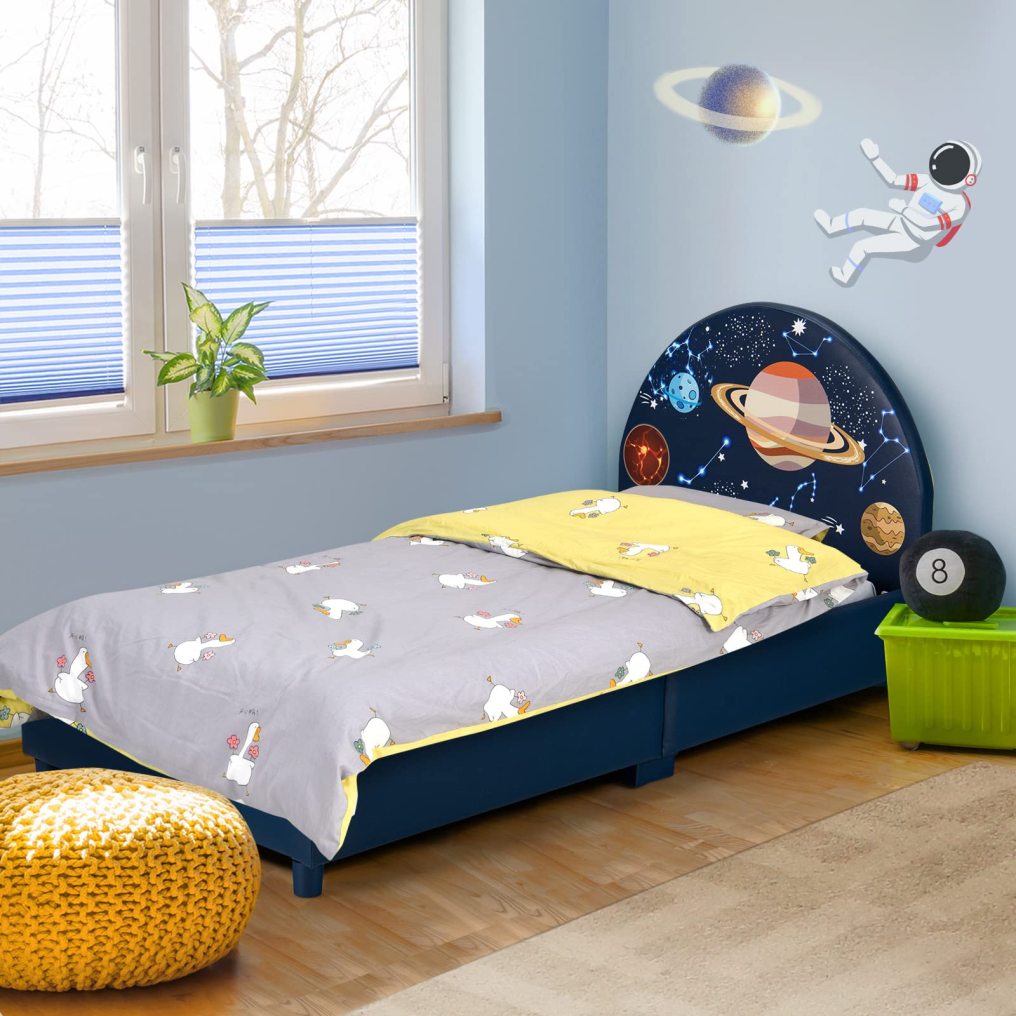 KOMFOTT Kids Bed, Toddler Upholstered Platform Floor Bed w/Headboard & Wooden Slat Base