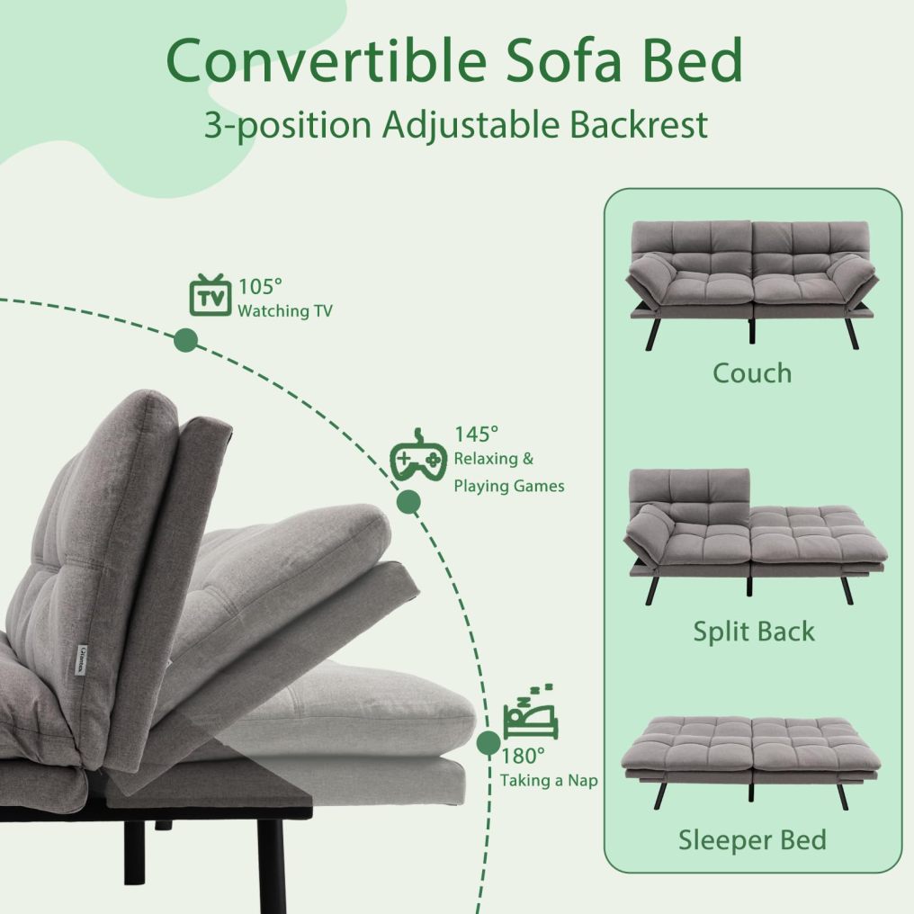 KOMFOTT Futon Sofa Bed, Faux Leather Memory Foam Convertible Futon Couch with Adjustable Backrest & Armrests