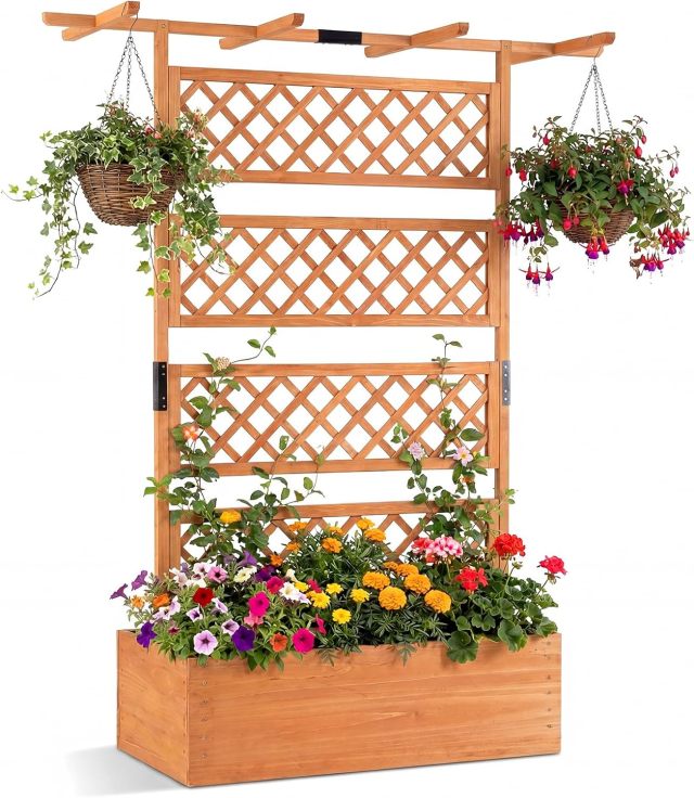 72" Wooden Raised Garden Planter with Trellis and Roof