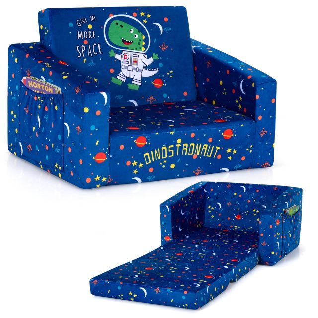 2-in-1 Convertible Sofa to Lounger for Children with Side Storage Pocket Flip Open Couch & Sleeper with Cut Patterns