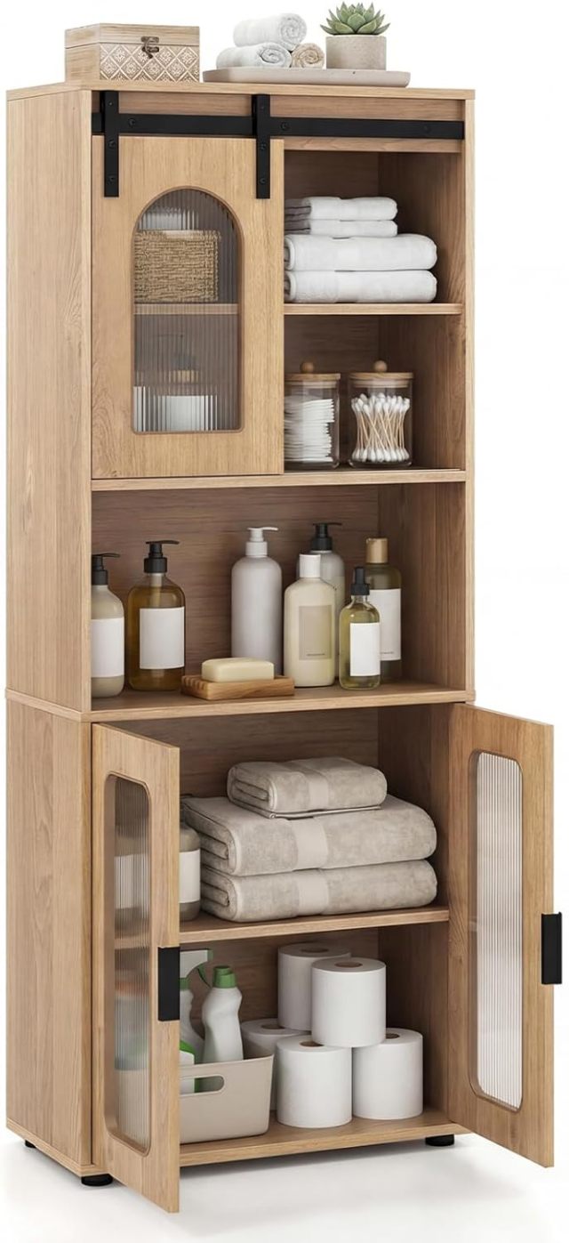 59" Tall Linen Storage Organizer with Sliding Barn Door & Shelves