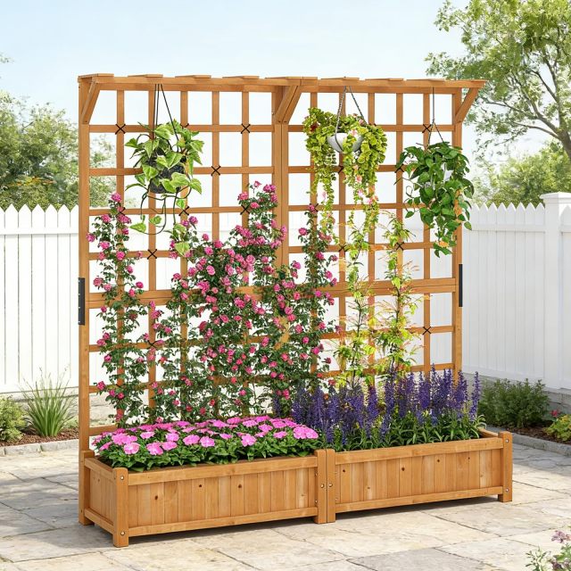 71” Large Wooden Raised Garden Bed with Trellis(71"Lx19"Wx72"H)
