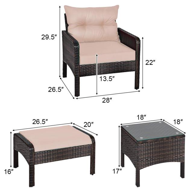 5 PCS Patio Rattan Furniture Set- Outdoor Cushioned Sofa with Ottomans and Coffee Table