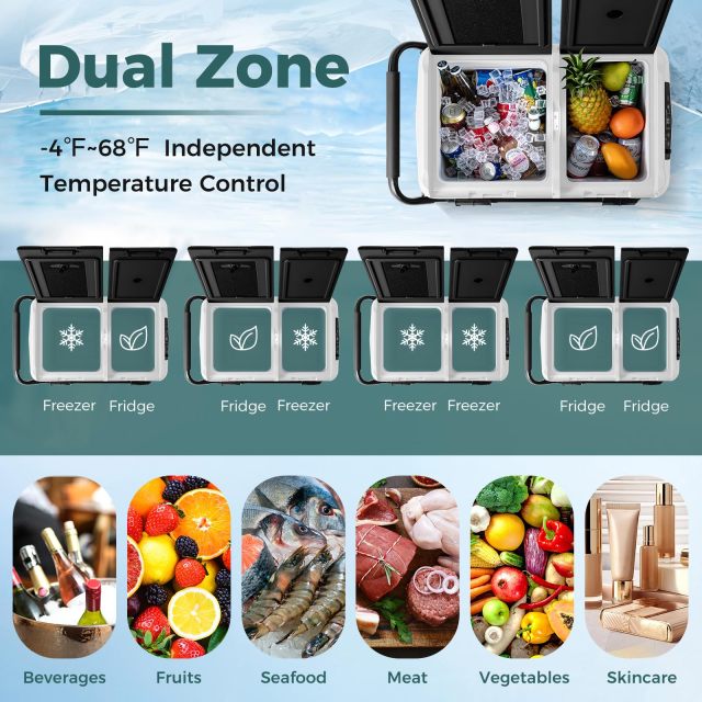 Car Refrigerator with Wheels, 42-Quart Dual-zone Dual-temperature Electric Cooler, 12V/24V DC, 100-240V AC
