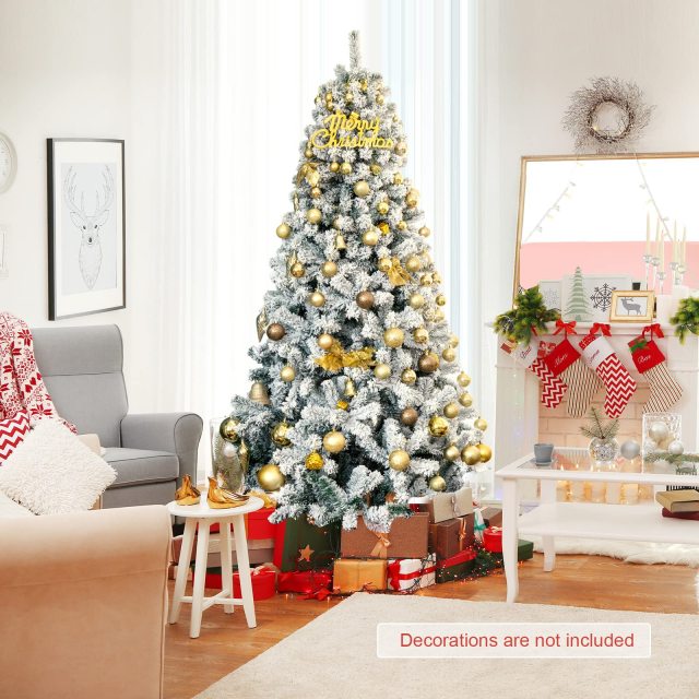 7.5 FT Snow Flocked Christmas Tree Artificial Holiday Hinged Pine Tree with 1010 Branch Tips