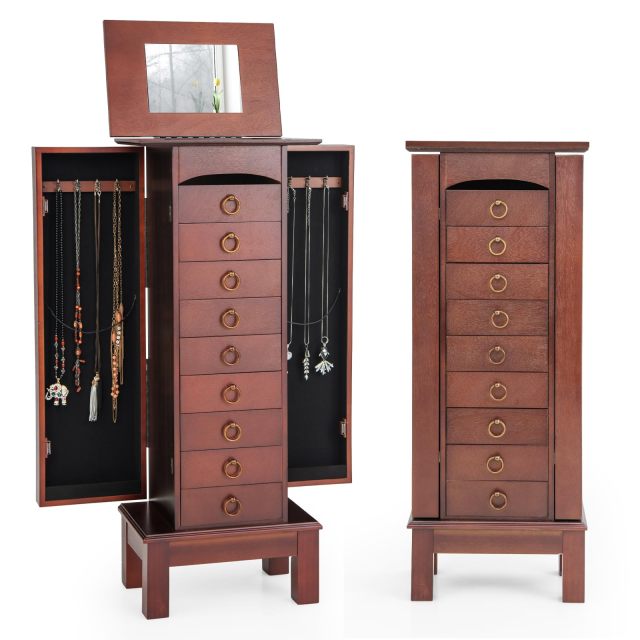 Standing Jewelry Cabinet Wooden Jewelry Storage Chest with 9 Drawers