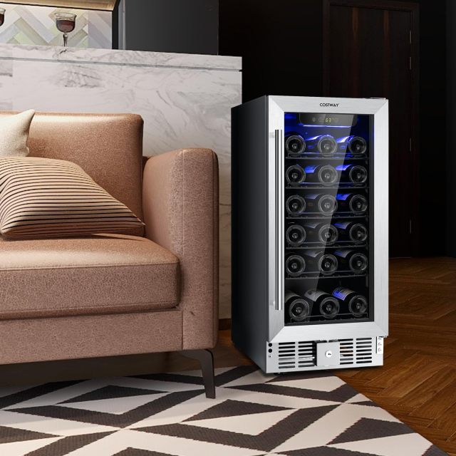 15 Inch Wine Cooler Refrigerator, 30 Bottles Stainless Steel Wine Cellar with Lock, Tempered Glass Door