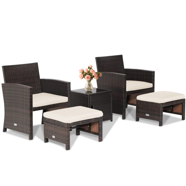 5PCS Patio Rattan Furniture Set with Ottomans and Side Table