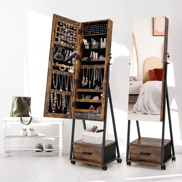 Mirror Jewelry Cabinet with Wheels Standing Full-length Mirror with Jewelry Storage