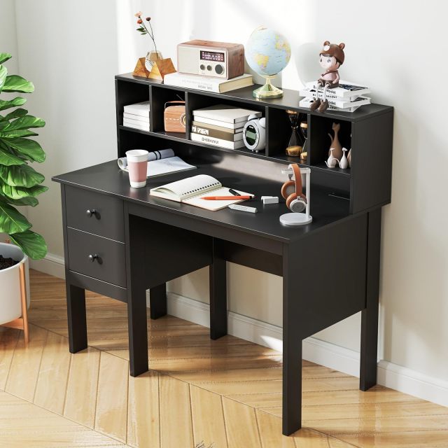 Writing Desk with USB Charging Ports & Power Outlets 48" Computer Desk with Drawers & 5-Cubby Hutch