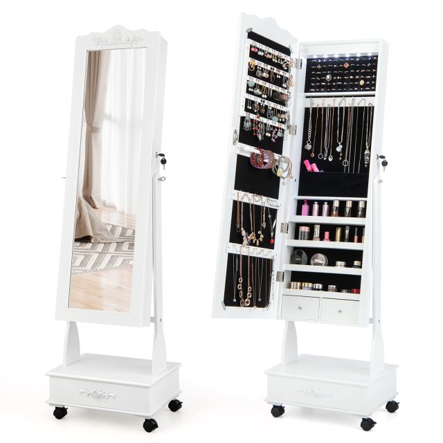 6 LEDs Mirror Jewelry Cabinet with Wheels Floor Standing Jewelry Armoire for Living Room Bedroom