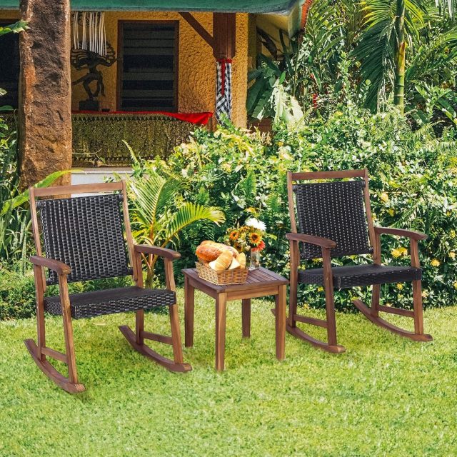 3 Pieces Patio Rocking Chair Set with Acacia Wood Frame Armrest