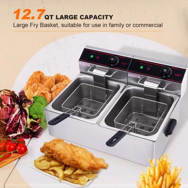 ARLIME Commercial Deep Fryer, 3400W Countertop Electric Fryers w/Basket Large Dual Tank Chicken Chips Fryer 2 x 5.8QT/5.5L