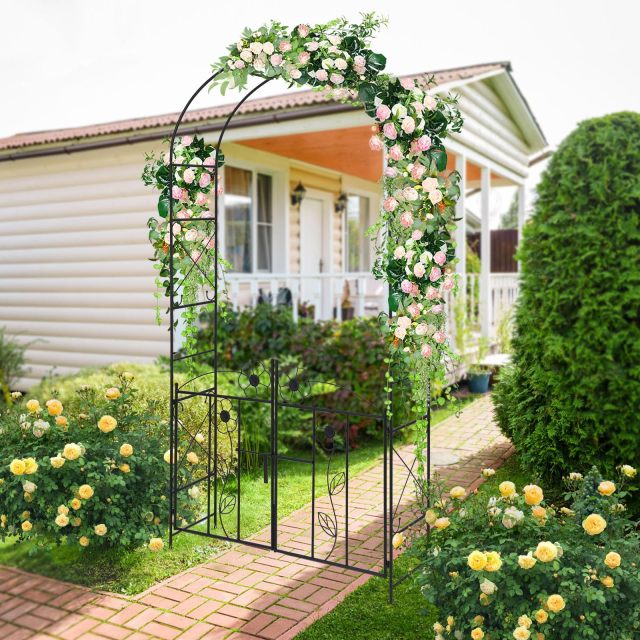 2-in-1 Garden Arch with Lockable Gate | 90” Metal Arch Trellis for Climbing Plants