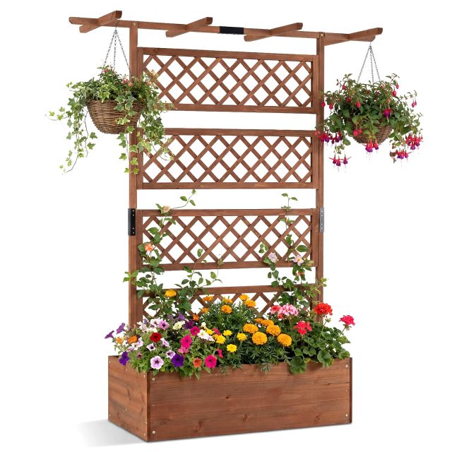 72" Wooden Raised Garden Planter with Trellis and Roof