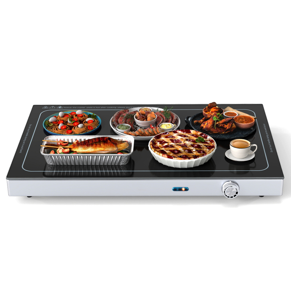 Electric Warming Tray with Adjustable Temperature & Built-In Handles, Tempered Glass Top Food Warmer with Thermostat for Buffets, Parties and Events