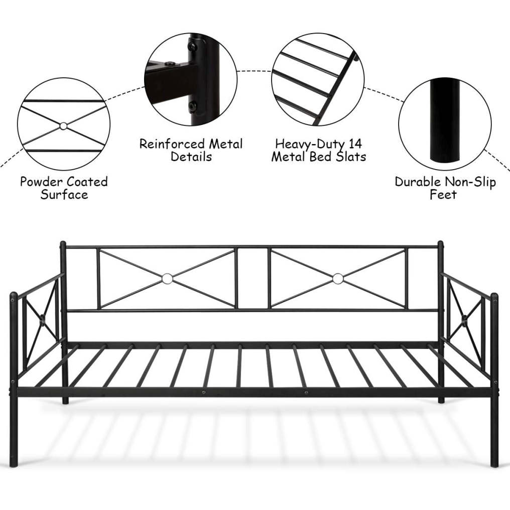 Metal Daybed Twin Bed Frame w/ Headboard, Stable Steel Slats Support