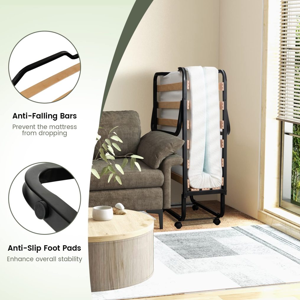 KOMFOTT Folding Rollaway Bed with 4" Mattress, Roll Away Guest Bed for Adult