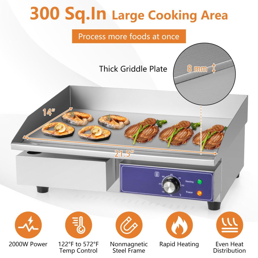 ARLIME Commercial Electric Griddle, 2000W 22” Flat Top Griddle, Stainless Steel Frame & Adjustable Temperature Control